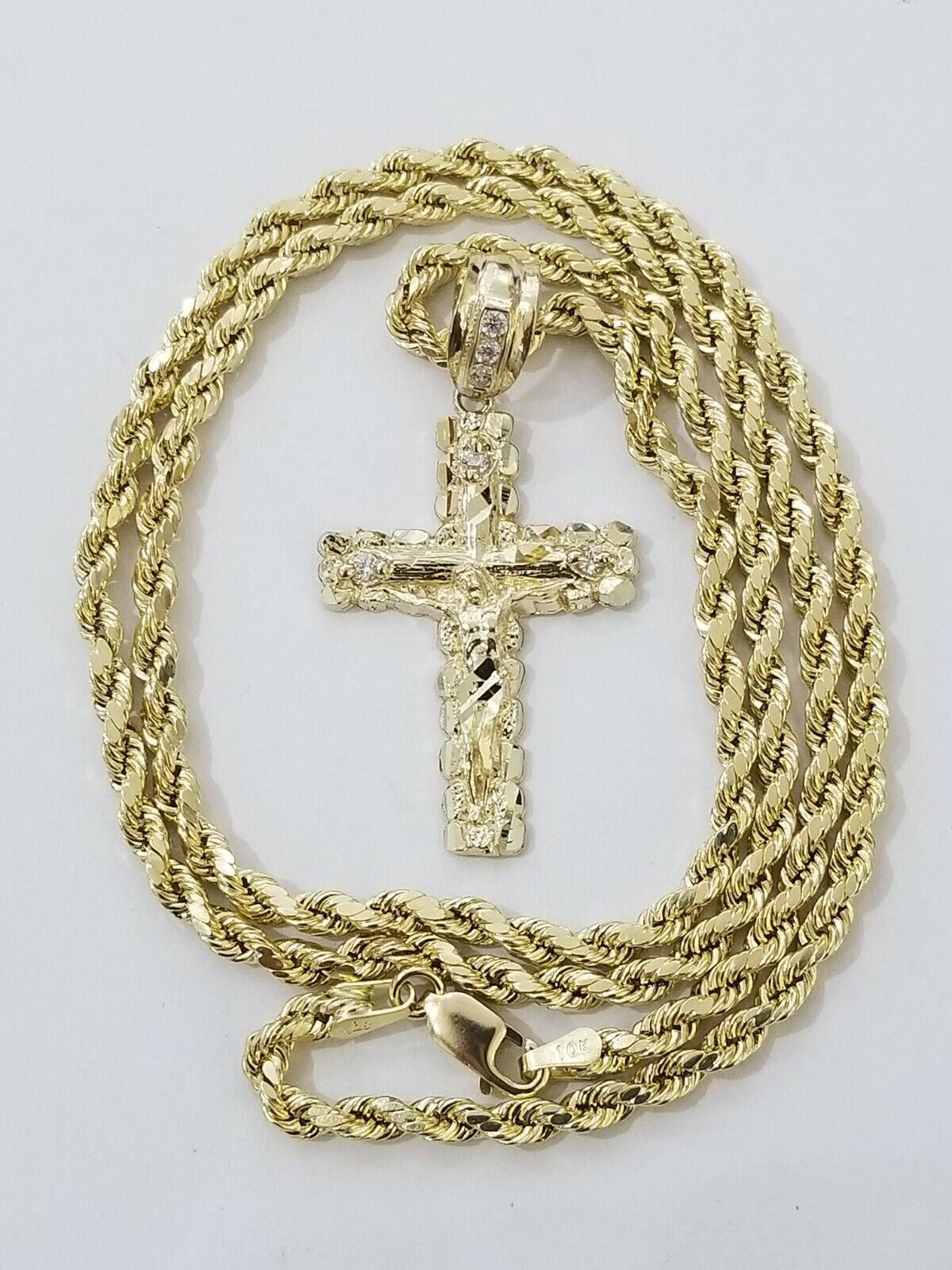 REAL 10k Rope Chain And Cross Charm Pendant 3mm Necklace Jesus Cross Set 16" - 28" - GoldenlinQ